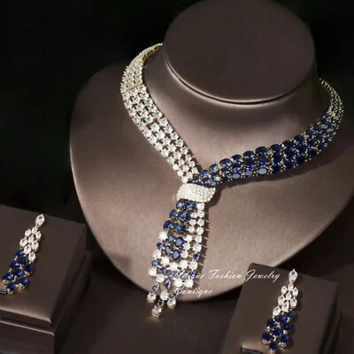 18k Gold Filled Lab-Created Blue Sapphire Necklace Earrings Set Gorgeous - Image 1 of 4