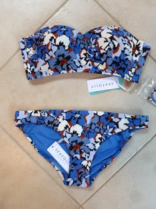 NEW Seafolly Bikini AU 12 Thrift Shop Blue Bandeau Top 12 & Hipster Pant 12 - Foto 1 di 10