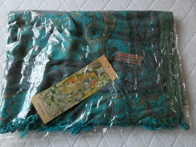 Pashmina Scarf Wrap Shawl 100% Cashmere Paisley Fringe 72" x 46" Teal Jerusalem - Image 1 of 4
