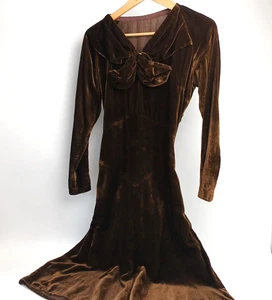 1930’s 40s Brown Velvet Dress Wearable Condition size S M 10 12 - Picture 1 of 12