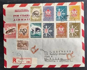 1959 Indonesia Reg Airmail Cover 11 stamps cd Medan-St Kilda - Picture 1 of 2