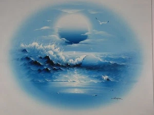 Ölgemälde Meer Wellen Mond signiert Dekoration Büro Praxis 59,5x69,5cm blau - Bild 1 von 4