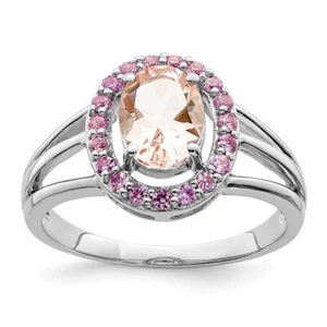 Sterling Silver Rhodium Morganite & Pink Sapphire Oval Ring for Women Size 8 - Picture 1 of 6