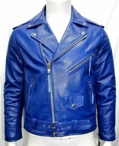 Jacke Leder Herren Echt Lammfell Biker Leder Designer Blau Jacket Style - Bild 1 von 10
