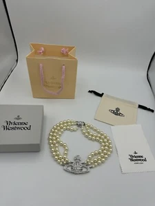 Vivienne Westwood Three Row Silver Pearl Bas Relief Necklace Choker NEW - Picture 1 of 6