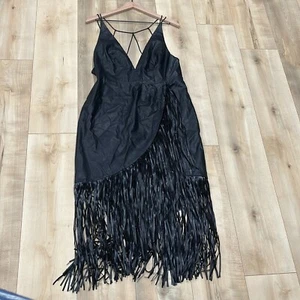 Asos Womens Black Fringe Hem Sleeveless Strappy Back Midi Sheath Dress Size 12 - Picture 1 of 14