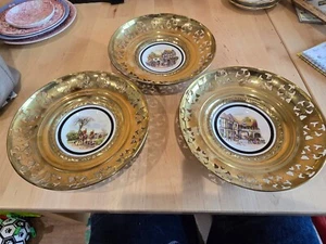 SET OF 3 BRASS FRAME REGENCY BONE CHINA PLATES LONDON SCENES MADE IN ENGLAND - Picture 1 of 8