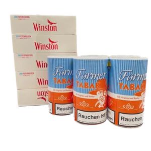 5 x Dosen Farmer Blau Tabak à 160 Gramm & 1.000 Winston King Size Hülsen
