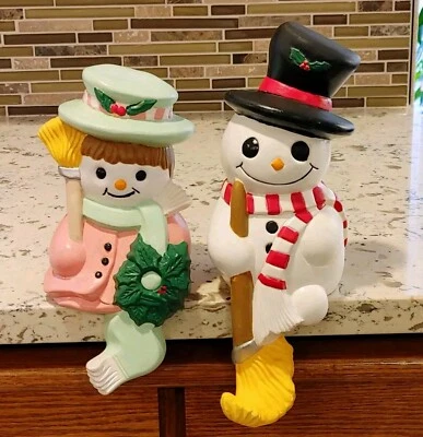 Vintage Ceramic Christmas Stocking Hangers Snowman/Woman Set Of 2 1980s - Image 1 of 4