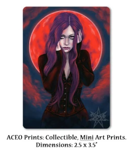 Vampire Art ACEO PRINT Full Moon Blood Moon Night Red Blue Woman Portrait - Picture 1 of 3