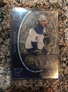 2008-09 ERIK JOHNSON BLUES UPPER DECK TRILOGY AUTO ICE SCRIPTS AUTOGRAPH