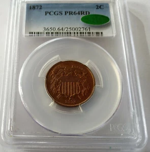 ✰ 1872 PROOF US 2 CENT 2c GEM Choice Coin PCGS PR64RD CAC APPROVED Lovely RED ✰ - Picture 1 of 4