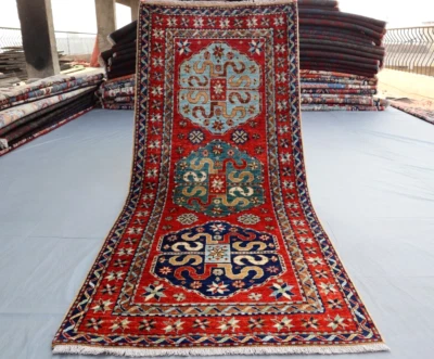 2x6 Caucasian Kazak Runner Rug – Bold Medallion Tribal Design in Red & Blue. - Image 1 of 4