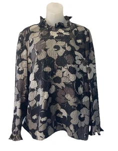 Valentino Silk Olive/Black Floral Ruffle Neckline Blouse~Button Back~Sz. 6 EUC - Picture 1 of 7