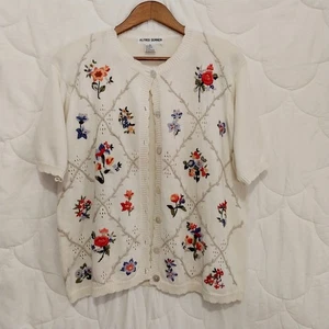 Cardigan vintage Alfred Dunner donna XL bianco Cottegecore ricamato floreale maglia - Foto 1 di 10