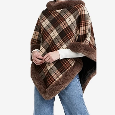 NWT Adrienne Landau Wool Blend Poncho w/ Faux Fur Trim Lining Brown Plaid OS - Image 1 of 4