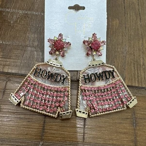 Caroline Hill Pink “Howdy” Bling Fringe Earrings Pink Rhinestones Gold Trim - Picture 1 of 4