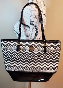 Anne Klein Black White Chevron Tote Bag Purse Handbag Medium Polka Dot Lining... - Picture 1 of 10