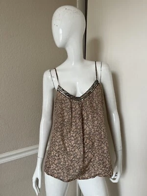 LOVE 21 FOREVER 21 Peach/Gray Floral Silk Sequin Tank Top Camisole Sz L - Image 1 of 4