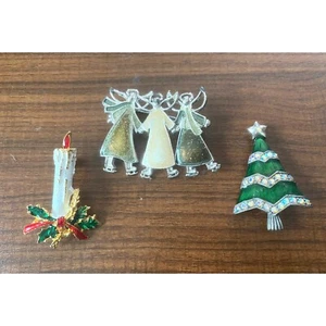 Drei Vintage Weihnachtsfeiertag Pins Engel Trio Kerze und Baum Strass - Bild 1 von 7