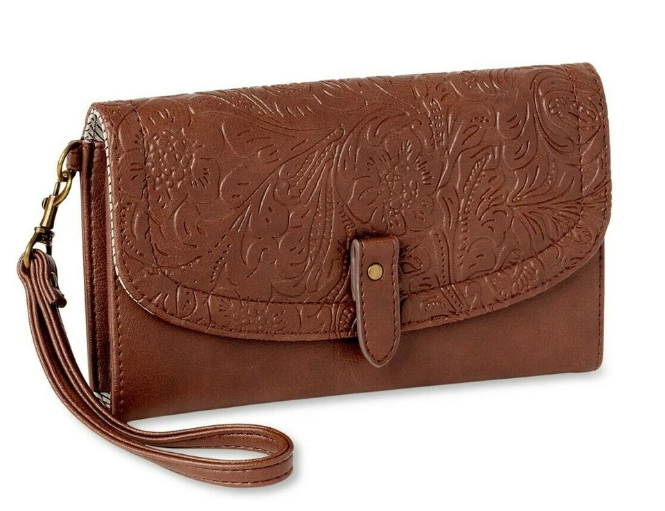 Time and Tru Ladies Isabella Wristlet Wallet Brown Embossed Front
