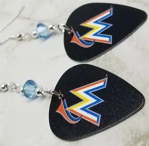 MLB Miami Marlins Guitar Pick Earrings with Blue Swarovski Crystals - Picture 1 of 2