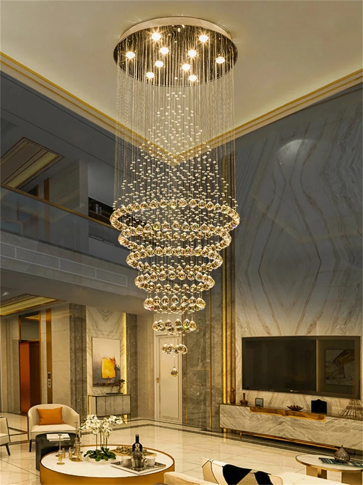 LED Crystal Chandelier Lamp Villa Staircase Light Raindrop Round Lighting Circle - Image 1 of 4