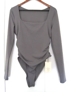 New SHEIN X BAE Bodysuit Gray Square Neck Long Sleeve Ruched Snap Women's L NWT - Picture 1 of 12
