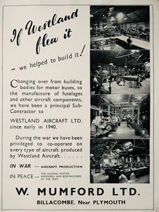 Advert W. MUMFORD LTD. - BILLACOMBE, PLYMOUTH from Book Westland Aircraft c1944 - Picture 1 of 2