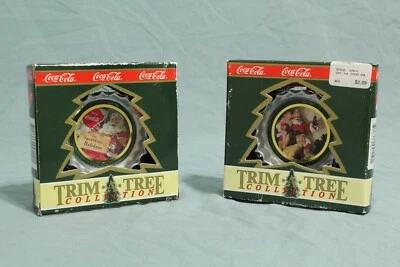 Coca Cola Christmas Trim A Tree Ornaments 2 Bottle Lids With Circa 1965 Santa - Image 1 of 4