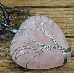 Rose Quartz Tree of Life Necklace Gemstone Pendant Crystal Healing Heart Leather - Picture 1 of 2
