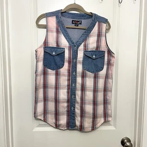 Blusa para mujer At Last sin mangas Wester - Denim con frente a cuadros rosa - Talla mediana - Imagen 1 de 7