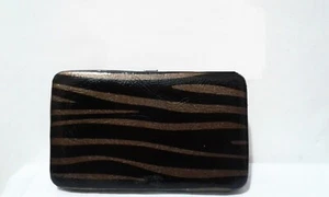 Gold Black Bronze Shiny Zebra Animal Print Clutch Faux Leather Snap Wallet - Picture 1 of 2