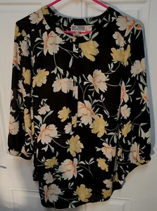 JM Collection Pleated Floral Tunic Blouse Crepe Polyester Top Lotus Flower XL-OX - Picture 1 of 10