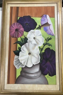 "Dibujo pastel original petunias bodegón enmarcado flores firmadas 35x23""" Foto 1 de 4