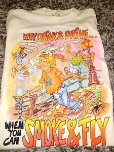 Vintage 80s 90s drink & drive smoke & fly single stitch t-shirt weed Amsterdam L