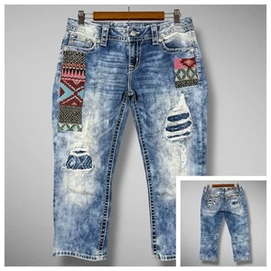 Miss Me Cuffed Capri Jeans Womens 29 Acid Wash Tapestry Patched Distressed Boho - Picture 1 of 9