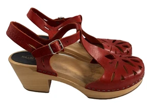 Swedish Hasbeens Lacy Red Leather Wooden Block Heel Sandals Women's Size 41 - Picture 1 of 20