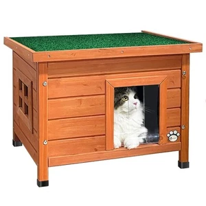 Cat House Outdoor with Kennel Door Privacy Window Cat Wooden Shelter - Picture 1 of 5