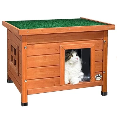Cat House Outdoor with Kennel Door Privacy Window Cat Wooden Shelter - Image 1 of 4