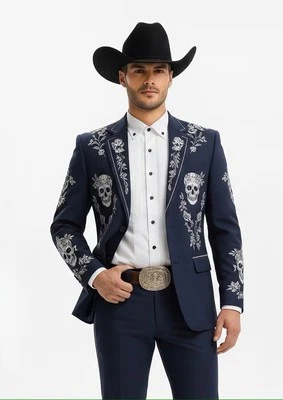 Hombres Azul 2 Piezas Floral Calavera Bordada Vaquero Western Nudie Traje Boda Conjunto Foto 1 de 4