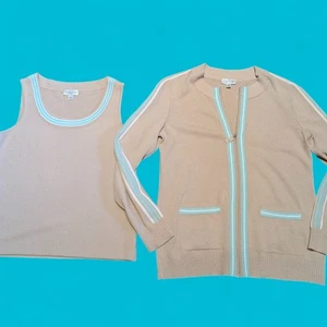 ST JOHN Sport knit track cardigan & tank top tan aqua white sweater set S/M 1D - Picture 1 of 18