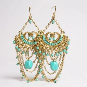 Blue Lucite Bead Gold tone Link Chandelier Earring Set - Picture 1 of 1
