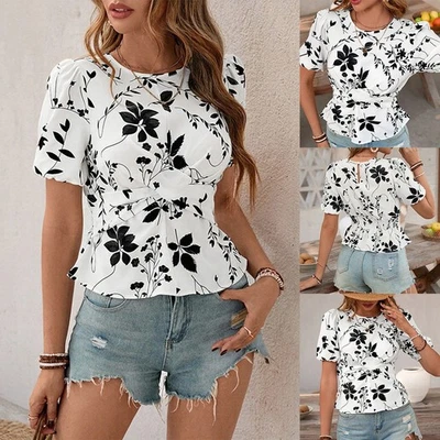 Casual Floral Print Puff Sleeve Shirt for Women Suitable for Spring Summer - Image 1 of 4