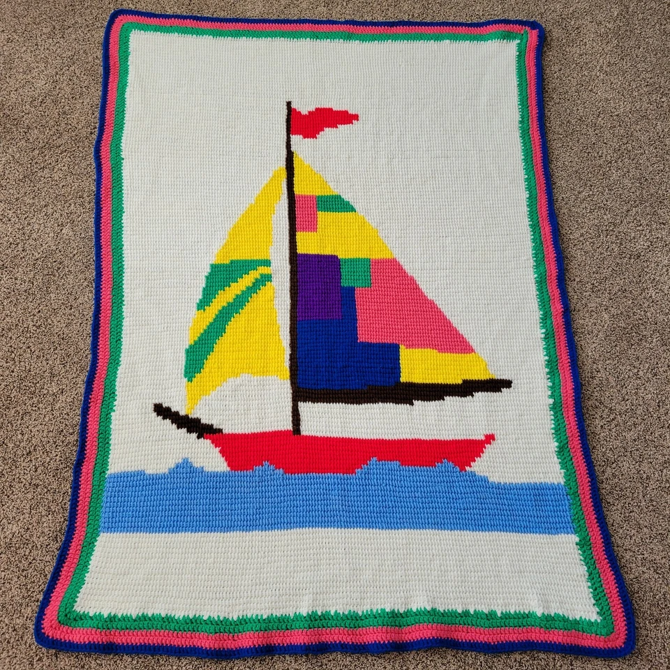 Vintage Hand Knit Sailboat Throw Blanket Wallhanging Nautical Sailing 54" x 39" - Image 1 of 4