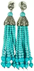 KENNETH JAY LANE, 12 STRAND TURQUOISE BEAD TASSEL CLIP EARRINGS - Picture 1 of 3
