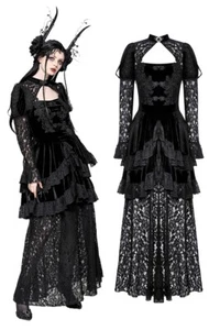 Dark In Love Women Black Goth Punk Vintage Gothic Velvet Lace Layered Maix Dress - Picture 1 of 24