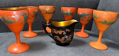 复古中国 Foochow 漆面金色内饰 6 眼镜和乳霜 — 第 1/4 张图片