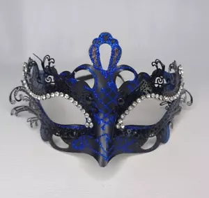 Black & Blue Glitter Masquerade Mask Party Cosplay Halloween Accessory - Picture 1 of 14