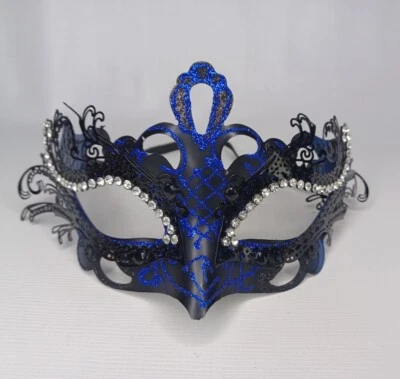 Black & Blue Glitter Masquerade Mask Party Cosplay Halloween Accessory - Image 1 of 4